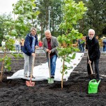 Bürgermeister Holger Hascheck (links), Unternehmer Siegfried Ott (Mitte) und Wismut-Abteilungsleiter Manfred Speer pflanzten symbolisch zwei Bäume auf der sanierten Fläche