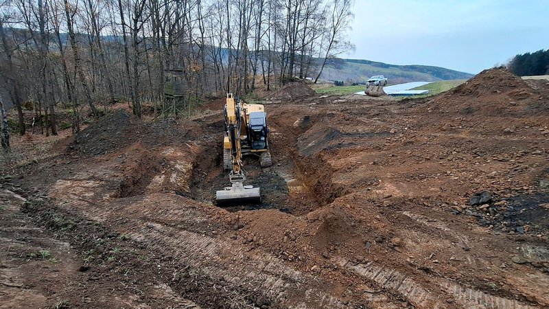 Ein Bagger arbeitet in einer flachen Grube am Waldrand