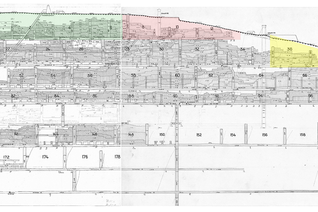 Karte mit Darstellung eines Querschnitts durch die Grubenbaue