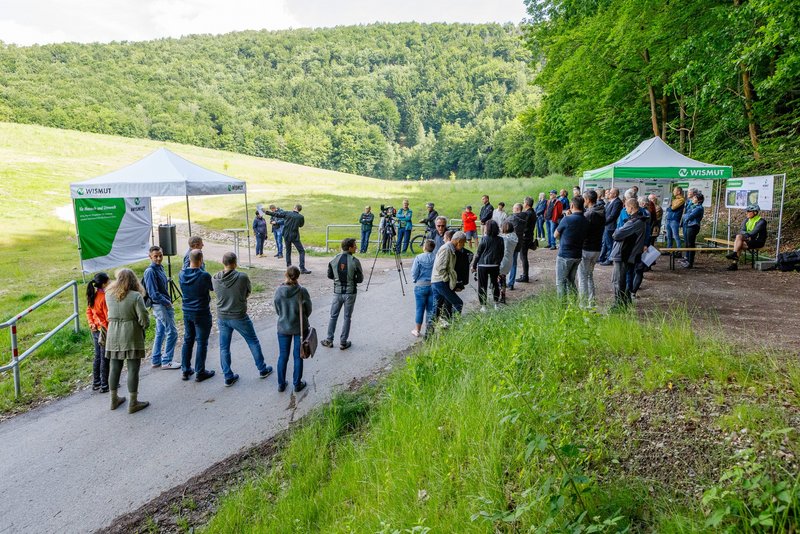 Eine größere Gruppe Menschen steht im Grünen